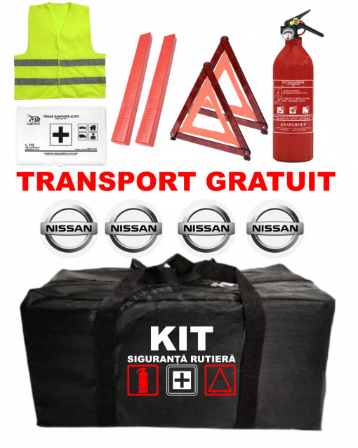 Set Kit - Trusa siguranta auto omologat R.A.R, Stingator cu manometru 1kg P1 , Trusa Medicala, 2 Triunghiuri Reflectorizante , 4 stickere autoadezive NISSAN