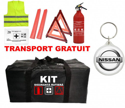 Set Kit - Trusa siguranta auto omologat R.A.R, Stingator cu manometru 1kg P1 , Trusa Medicala, 2 Triunghiuri Reflectorizante , 1 Breloc NISSAN