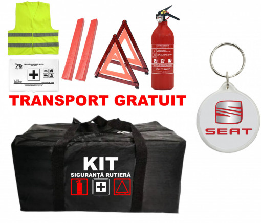 Set Kit - Trusa siguranta auto omologat R.A.R, Stingator cu manometru 1kg P1 , Trusa Medicala, 2 Triunghiuri Reflectorizante , 1 Breloc SEAT