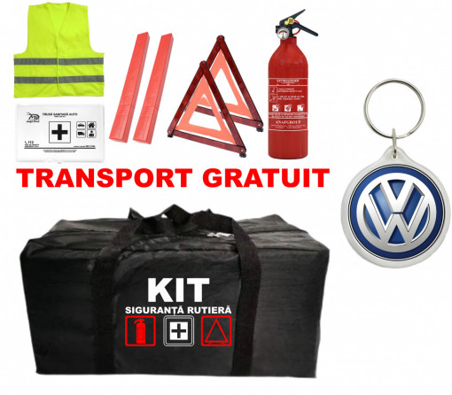 Set Kit - Trusa siguranta auto omologat R.A.R, Stingator cu manometru 1kg P1 , Trusa Medicala, 2 Triunghiuri Reflectorizante , 1 Breloc VOLKSWAGEN