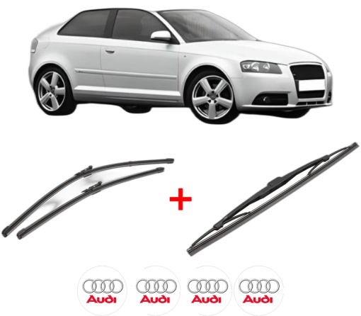 Set 3 stergatoare AUDI A3 (8P1) din 2003 - 2012, pentru parbriz si luneta fata si spate auto, Valeo Silencio, din cauciuc siliconat rezistent, 4 Stickere Auto AUDI