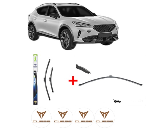 Set 3 stergatoare CUPRA FORMENTOR (KM7, KMP) din 2020, pentru parbriz si luneta fata si spate auto, Valeo Silencio, din cauciuc siliconat rezistent, 4 Stickere Auto CUPRA