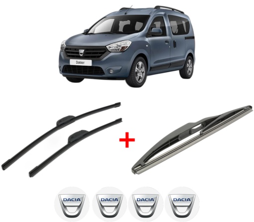 Set 3 stergatoare DACIA DOKKER Box Body/MPV din 2012 - 2021, pentru parbriz si luneta fata si spate auto, Bosch Twin, din cauciuc siliconat rezistent, 4 Stickere Auto DACIA