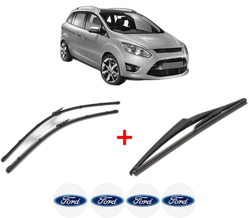 Set 3 stergatoare FORD C-MAX II (DXA/CB7, DXA/CEU) din 2010 - 2019, pentru parbriz si luneta fata si spate auto, Valeo Silencio, din cauciuc siliconat rezistent, 4 Stickere Auto FORD