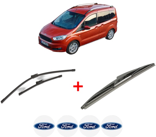 Set 3 stergatoare FORD TRANSIT COURIER B460 MPV din 2014 - 2023, pentru parbriz si luneta fata si spate auto, Bosch Twin, din cauciuc siliconat rezistent, 4 Stickere Auto FORD