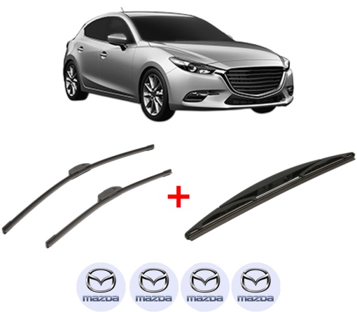Set 3 stergatoare MAZDA 3 Hatchback Van (BM) din 2015 - 2016, pentru parbriz si luneta fata si spate auto, Bosch Twin, din cauciuc siliconat rezistent, 4 Stickere Auto MAZDA