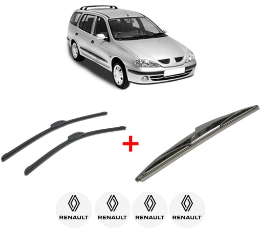 Set 3 stergatoare RENAULT MEGANE I Grandtour (KA0/1_) din 1999 - 2003, pentru parbriz si luneta fata si spate auto, Bosch Twin, din cauciuc siliconat rezistent, 4 Stickere Auto RENAULT