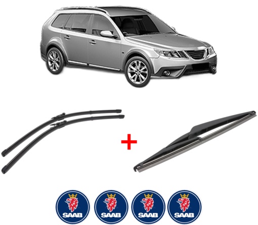 Set 3 stergatoare SAAB 9-3X (YS3) din 2009 - 2015, pentru parbriz si luneta fata si spate auto, Valeo Silencio, din cauciuc siliconat rezistent, 4 Stickere Auto SAAB