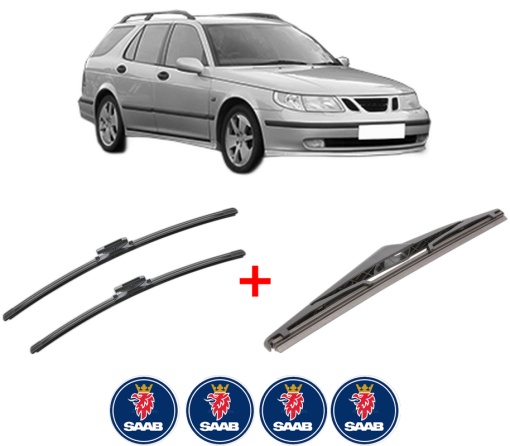 Set 3 stergatoare SAAB 9-5 Estate (YS3E) din 1998 - 2009, pentru parbriz si luneta fata si spate auto, Bosch Twin, din cauciuc siliconat rezistent, 4 Stickere Auto SAAB