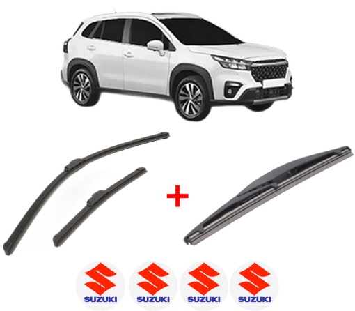 Set 3 stergatoare SUZUKI S-CROSS din 2013 - 2022, pentru parbriz si luneta fata si spate auto, Bosch Twin, din cauciuc siliconat rezistent, 4 Stickere Auto SUZUKI