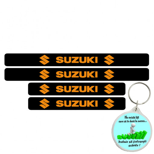 Set 4 protectii praguri auto, autoadezive Suzuki si breloc Succes,