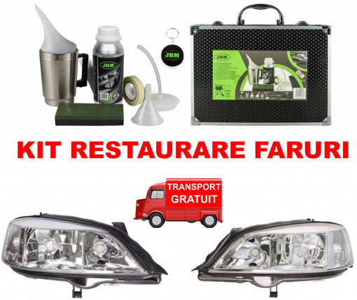Set complet Kit Restaurare Faruri Cu Polimer Lichid Jbm - cu 600 ml Substanta Polimer si Trusa Diplomat compatibila cu toate tipurile de far din gama Opel