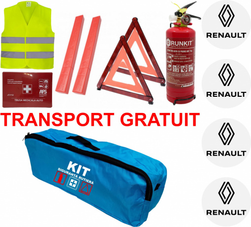 Set Kit siguranta auto omologat R.A.R, Stingator cu manometru 1kg P1 , Trusa Medicala, 2 Triunghiuri Reflectorizante, geanta color - albastra + Stickere Cadou RENAULT- kit compatibil cu orice autoturism