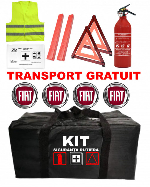 Set Kit - Trusa siguranta auto omologat R.A.R, Stingator cu manometru 1kg P1 , Trusa Medicala, 2 Triunghiuri Reflectorizante , 4 stickere autoadezive FIAT