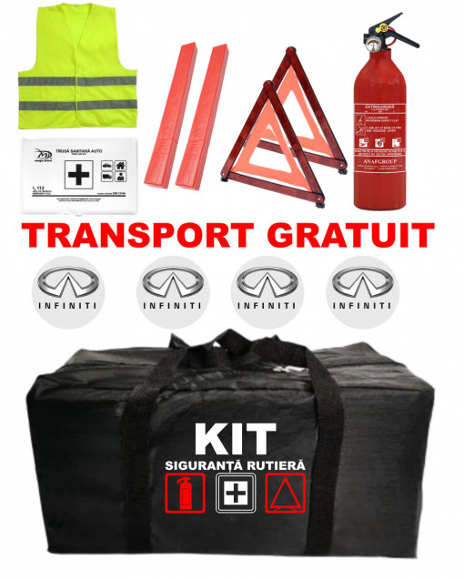 Set Kit - Trusa siguranta auto omologat R.A.R, Stingator cu manometru 1kg P1 , Trusa Medicala, 2 Triunghiuri Reflectorizante , 4 stickere autoadezive INFINITI