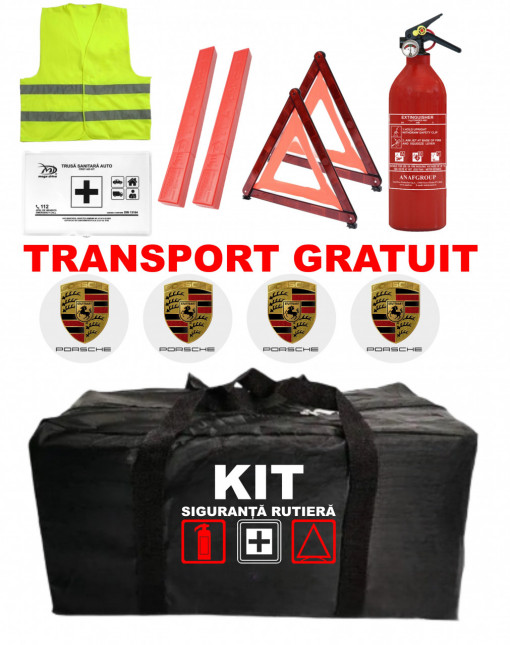 Set Kit - Trusa siguranta auto omologat R.A.R, Stingator cu manometru 1kg P1 , Trusa Medicala, 2 Triunghiuri Reflectorizante , 4 stickere autoadezive Porsche