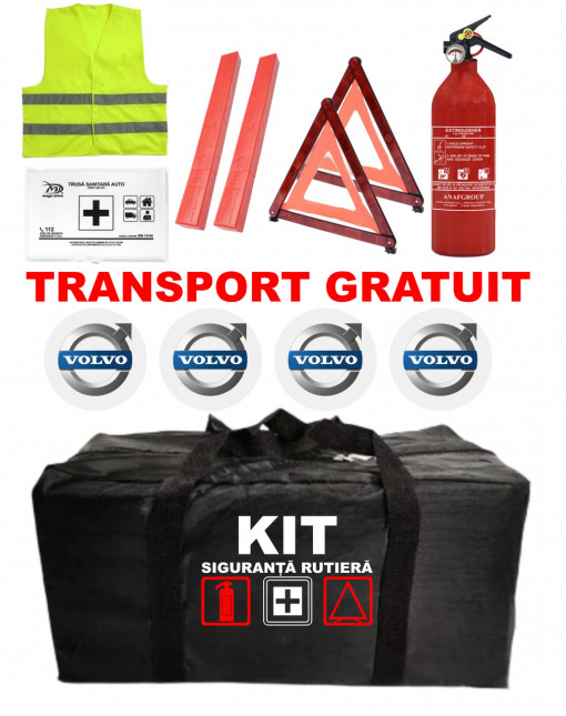 Set Kit - Trusa siguranta auto omologat R.A.R, Stingator cu manometru 1kg P1 , Trusa Medicala, 2 Triunghiuri Reflectorizante , 4 stickere autoadezive Volvo