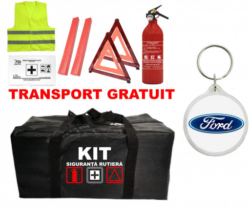 Set Kit - Trusa siguranta auto omologat R.A.R, Stingator cu manometru 1kg P1 , Trusa Medicala, 2 Triunghiuri Reflectorizante , 1 Breloc FORD