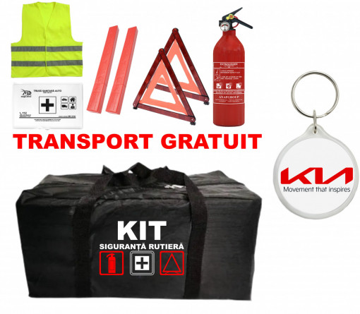 Set Kit - Trusa siguranta auto omologat R.A.R, Stingator cu manometru 1kg P1 , Trusa Medicala, 2 Triunghiuri Reflectorizante , 1 Breloc KIA