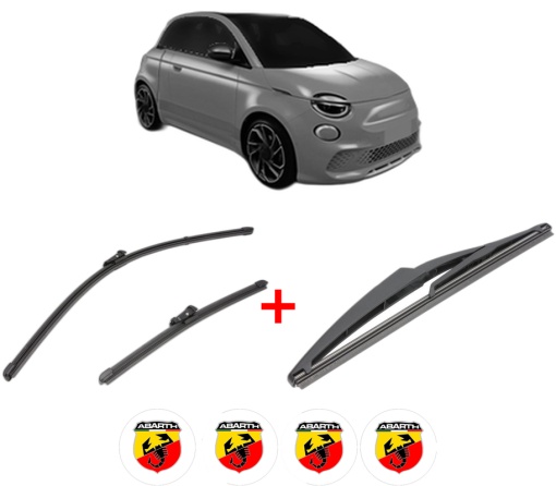 Set 3 stergatoare ABARTH 500E Hatchback (332_) din 2023, pentru parbriz si luneta fata si spate auto, Valeo Silencio, din cauciuc siliconat rezistent, 4 Stickere Auto ABARTH