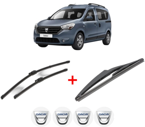 Set 3 stergatoare DACIA DOKKER Box Body/MPV din 2012 - 2021, pentru parbriz si luneta fata si spate auto, Valeo Silencio, din cauciuc siliconat rezistent, 4 Stickere Auto DACIA