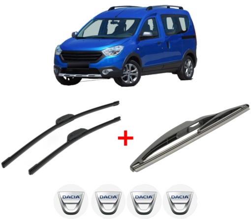 Set 3 stergatoare DACIA DOKKER MPV (KE_) din 2012 - 2021, pentru parbriz si luneta fata si spate auto, Bosch Twin, din cauciuc siliconat rezistent, 4 Stickere Auto DACIA
