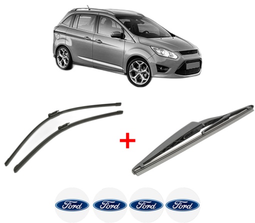 Set 3 stergatoare FORD GRAND C-MAX (DXA/CB7, DXA/CEU) din 2010 - 2019, pentru parbriz si luneta fata si spate auto, Bosch Twin, din cauciuc siliconat rezistent, 4 Stickere Auto FORD