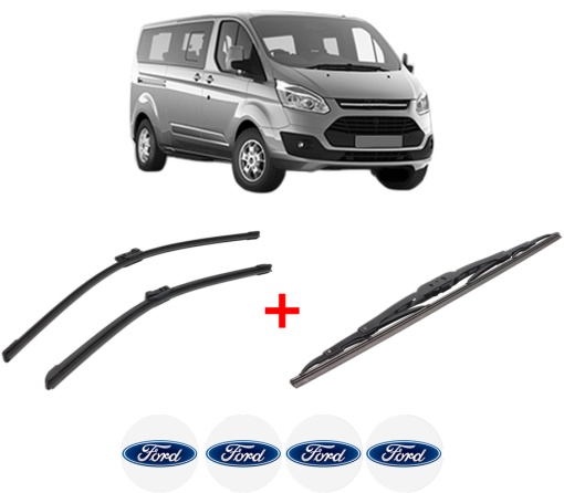 Set 3 stergatoare FORD TOURNEO CUSTOM V362 Bus (F3) din 2012 - 2023, pentru parbriz si luneta fata si spate auto, Bosch Twin, din cauciuc siliconat rezistent, 4 Stickere Auto FORD