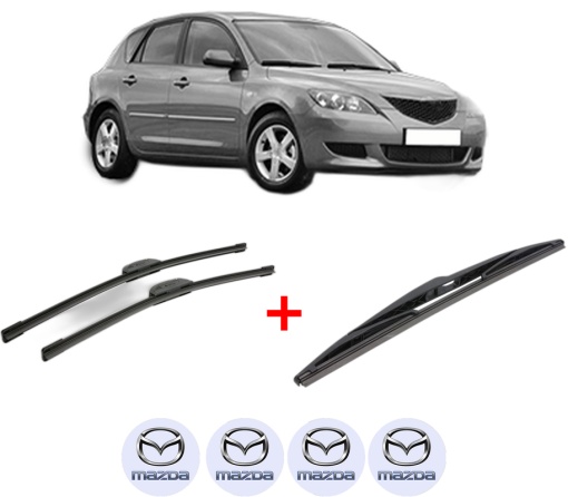 Set 3 stergatoare MAZDA 3 (BK) din 2003 - 2009, pentru parbriz si luneta fata si spate auto, Bosch Twin, din cauciuc siliconat rezistent, 4 Stickere Auto MAZDA