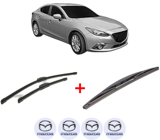 Set 3 stergatoare MAZDA 3 Hatchback (BP) din 2018, pentru parbriz si luneta fata si spate auto, Bosch Twin, din cauciuc siliconat rezistent, 4 Stickere Auto MAZDA