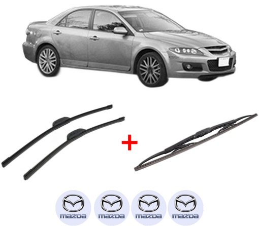 Set 3 stergatoare MAZDA 6 Hatchback (GG) din 2002 - 2007, pentru parbriz si luneta fata si spate auto, Bosch Twin, din cauciuc siliconat rezistent, 4 Stickere Auto MAZDA