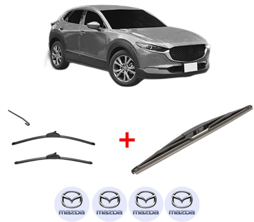 Set 3 stergatoare MAZDA CX-30 (DM) din 2019, pentru parbriz si luneta fata si spate auto, Valeo Silencio, din cauciuc siliconat rezistent, 4 Stickere Auto MAZDA