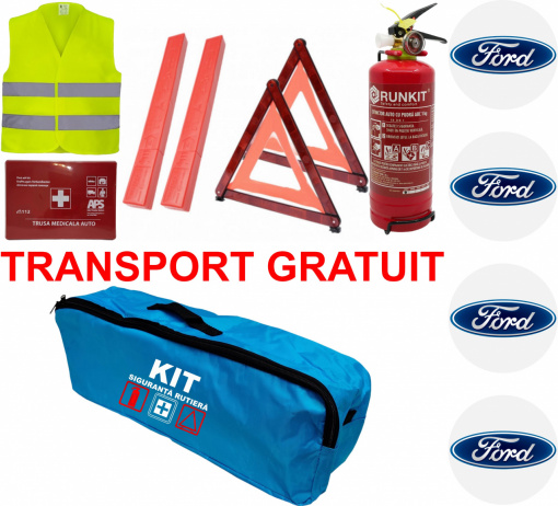 Set Kit siguranta auto omologat R.A.R, Stingator cu manometru 1kg P1 , Trusa Medicala, 2 Triunghiuri Reflectorizante, geanta color - albastra + Stickere Cadou FORD- kit compatibil cu orice autoturism