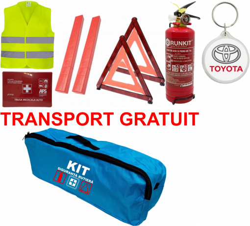 Set Kit siguranta auto omologat R.A.R, Stingator cu manometru 1kg P1 , Trusa Medicala, 2 Triunghiuri Reflectorizante, geanta color - albastra + Breloc Cadou TOYOTA- kit compatibil cu orice autoturism