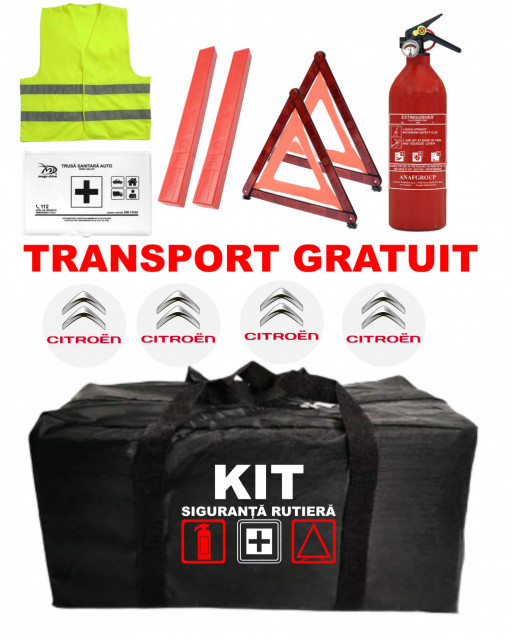 Set Kit - Trusa siguranta auto omologat R.A.R, Stingator cu manometru 1kg P1 , Trusa Medicala, 2 Triunghiuri Reflectorizante , 4 stickere autoadezive Citroen