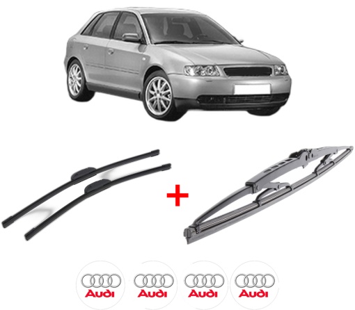 Set 3 stergatoare AUDI A3 (8L1) din 1996 - 2003, pentru parbriz si luneta fata si spate auto, Bosch Twin, din cauciuc siliconat rezistent, 4 Stickere Auto AUDI