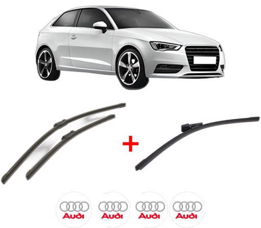Set 3 stergatoare AUDI A3 (8V1, 8VK) din 2012 - 2020, pentru parbriz si luneta fata si spate auto, Bosch Aerotwin, din cauciuc siliconat rezistent, 4 Stickere Auto AUDI