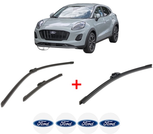 Set 3 stergatoare FORD PUMA (J2K, CF7) din 2019, pentru parbriz si luneta fata si spate auto, Bosch Aerotwin, din cauciuc siliconat rezistent, 4 Stickere Auto FORD