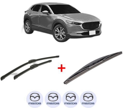 Set 3 stergatoare MAZDA CX-30 (DM) din 2019, pentru parbriz si luneta fata si spate auto, Bosch Twin, din cauciuc siliconat rezistent, 4 Stickere Auto MAZDA