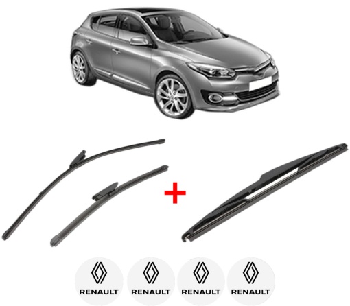 Set 3 stergatoare RENAULT MEGANE III Hatchback (BZ0/1_, B3_) din 2008 - 2017, pentru parbriz si luneta fata si spate auto, Valeo Silencio, din cauciuc siliconat rezistent, 4 Stickere Auto RENAULT