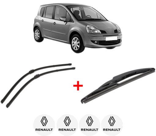 Set 3 stergatoare RENAULT MODUS / GRAND MODUS (F/JP0_) din 2004 - 2012, pentru parbriz si luneta fata si spate auto, Valeo Silencio, din cauciuc siliconat rezistent, 4 Stickere Auto RENAULT