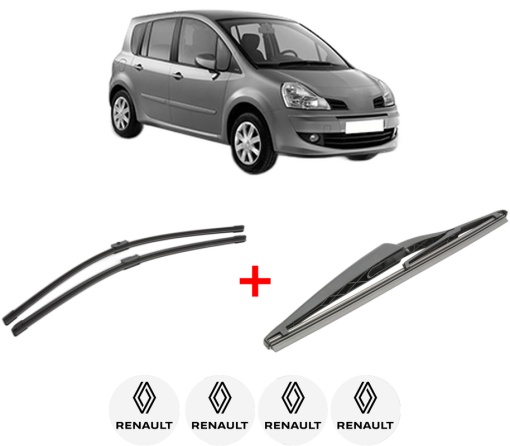 Set 3 stergatoare RENAULT MODUS / GRAND MODUS (F/JP0_) din 2004 - 2012, pentru parbriz si luneta fata si spate auto, Bosch Twin, din cauciuc siliconat rezistent, 4 Stickere Auto RENAULT