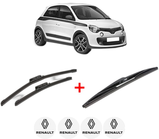 Set 3 stergatoare RENAULT TWINGO III (BCM_, BCA_) din 2014, pentru parbriz si luneta fata si spate auto, Bosch Twin, din cauciuc siliconat rezistent, 4 Stickere Auto RENAULT