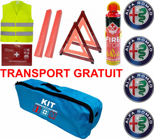 Set Kit siguranta auto omologat R.A.R, Stingator cu manometru 1kg P1 , Trusa Medicala, 2 Triunghiuri Reflectorizante, Stickere Cadou ALFA ROMEO, geanta color - albastra - kit compatibil cu orice autoturism
