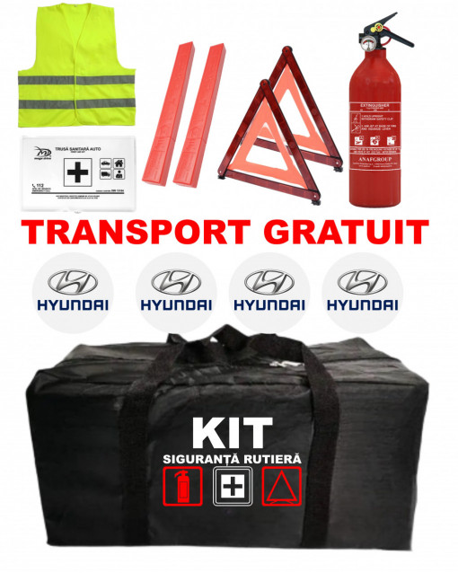 Set Kit - Trusa siguranta auto omologat R.A.R, Stingator cu manometru 1kg P1 , Trusa Medicala, 2 Triunghiuri Reflectorizante , 4 stickere autoadezive HYUNDAI