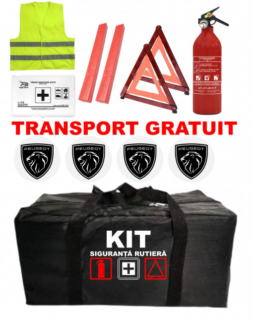 Set Kit - Trusa siguranta auto omologat R.A.R, Stingator cu manometru 1kg P1 , Trusa Medicala, 2 Triunghiuri Reflectorizante , 4 stickere autoadezive Peugeot