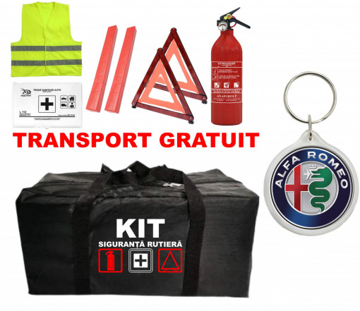 Set Kit - Trusa siguranta auto omologat R.A.R, Stingator cu manometru 1kg P1 , Trusa Medicala, 2 Triunghiuri Reflectorizante , 1Breloc Alfa Romeo