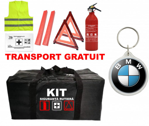 Set Kit - Trusa siguranta auto omologat R.A.R, Stingator cu manometru 1kg P1 , Trusa Medicala, 2 Triunghiuri Reflectorizante , 1 Breloc BMW