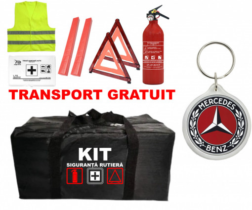 Set Kit - Trusa siguranta auto omologat R.A.R, Stingator cu manometru 1kg P1 , Trusa Medicala, 2 Triunghiuri Reflectorizante , 1 Breloc MERCEDES