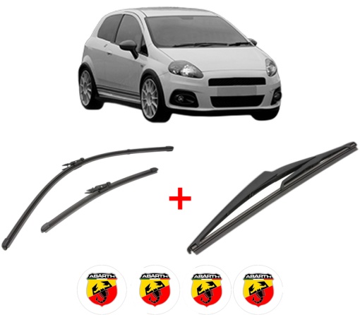 Set 3 stergatoare ABARTH GRANDE PUNTO din 2005 - 2015, pentru parbriz si luneta fata si spate auto, Valeo Silencio, din cauciuc siliconat rezistent, 4 Stickere Auto ABARTH
